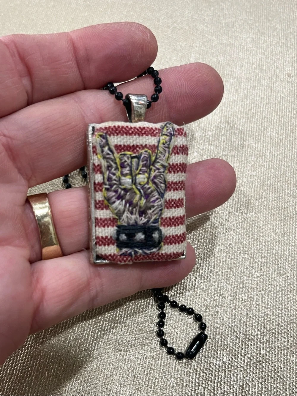 Hail Satan Hook em hand embroidered pendant and necklace